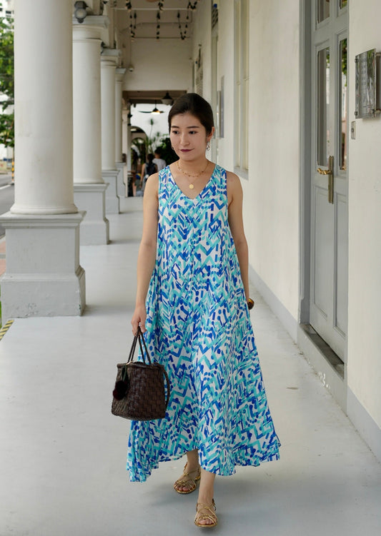 Anita V-Neck Dress Blue- Blue Boho