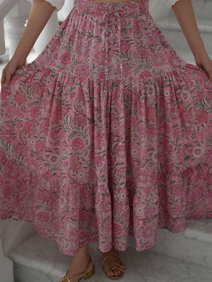 Ines Handblock Skirt - Pink Floral