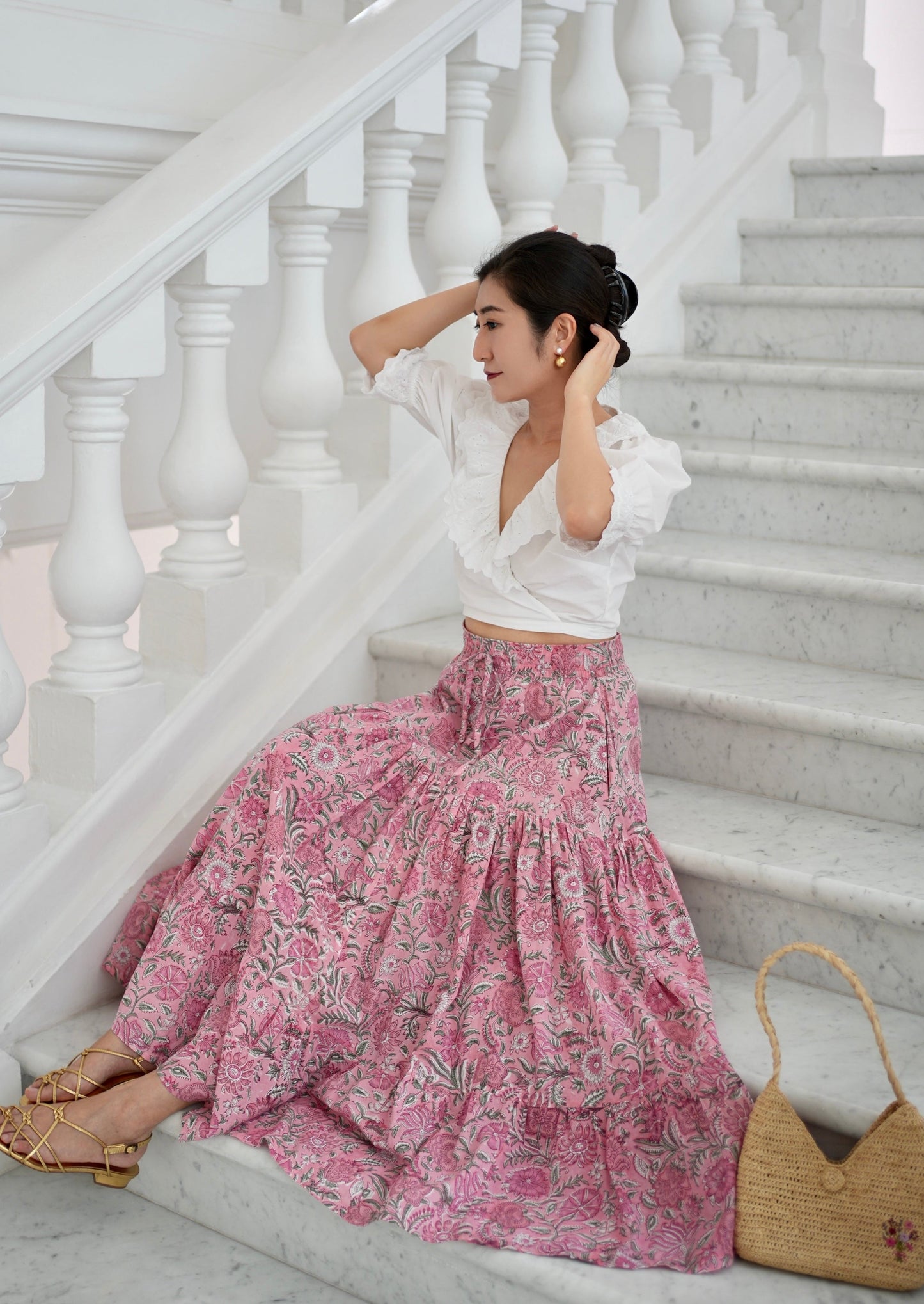 Ines Handblock Skirt - Pink Floral