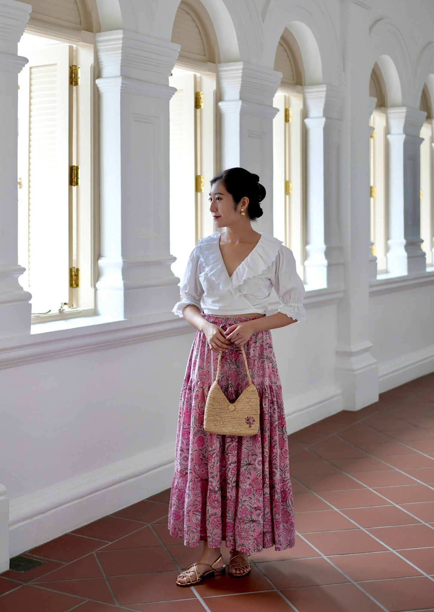 Ines Handblock Skirt - Pink Floral