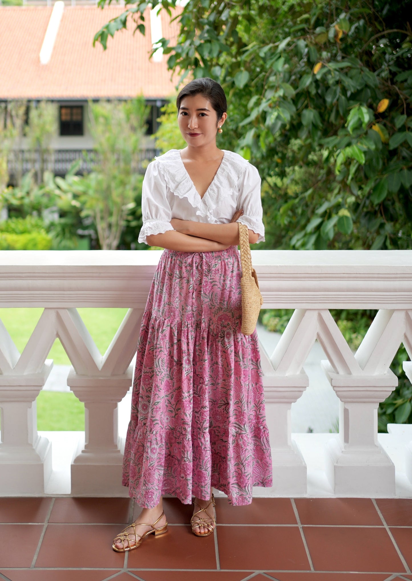 Ines Handblock Skirt - Pink Floral