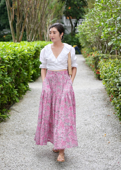 Ines Handblock Skirt - Pink Floral