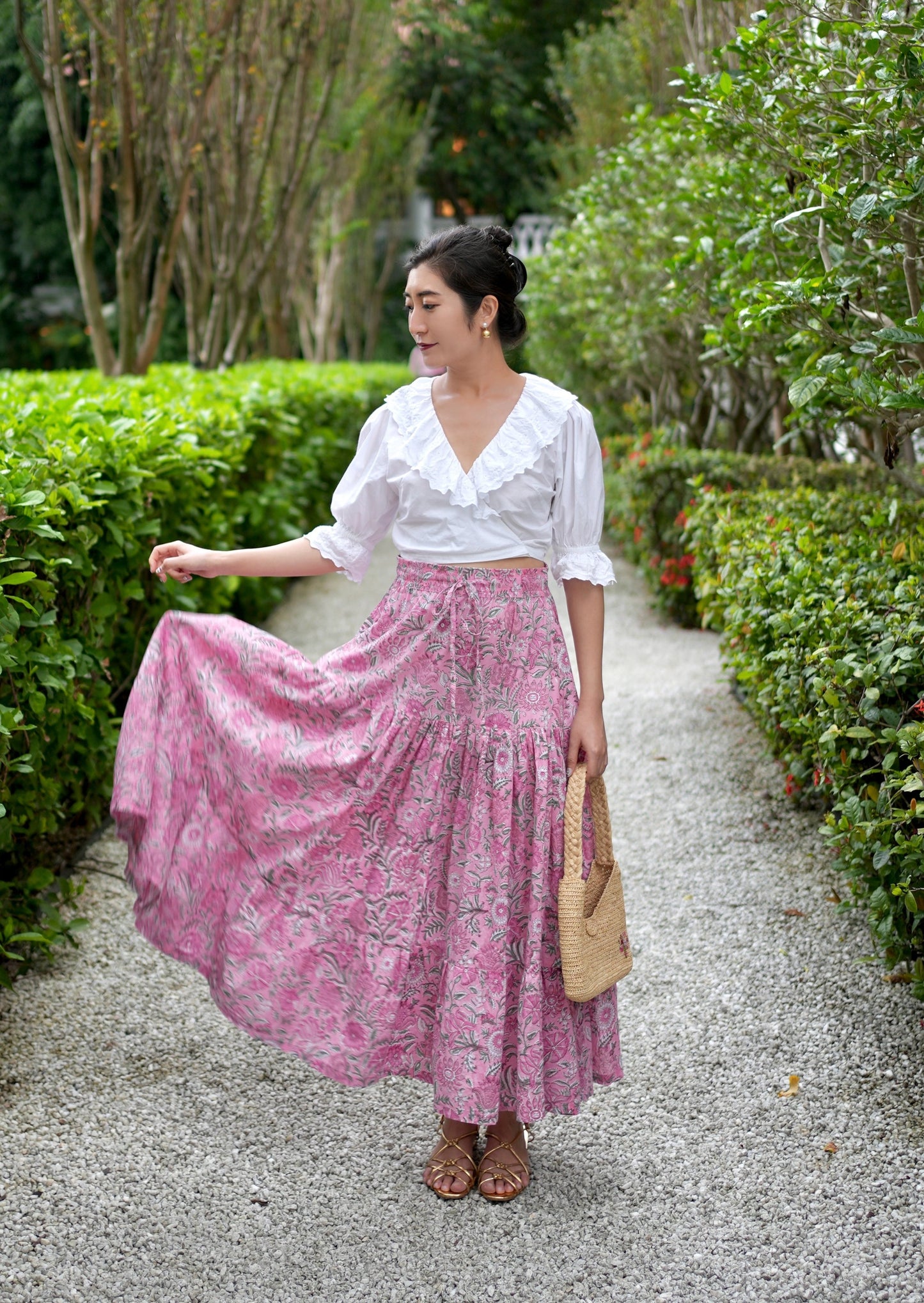 Ines Handblock Skirt - Pink Floral