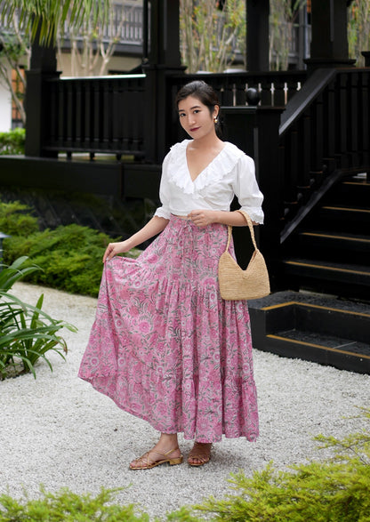 Ines Handblock Skirt - Pink Floral