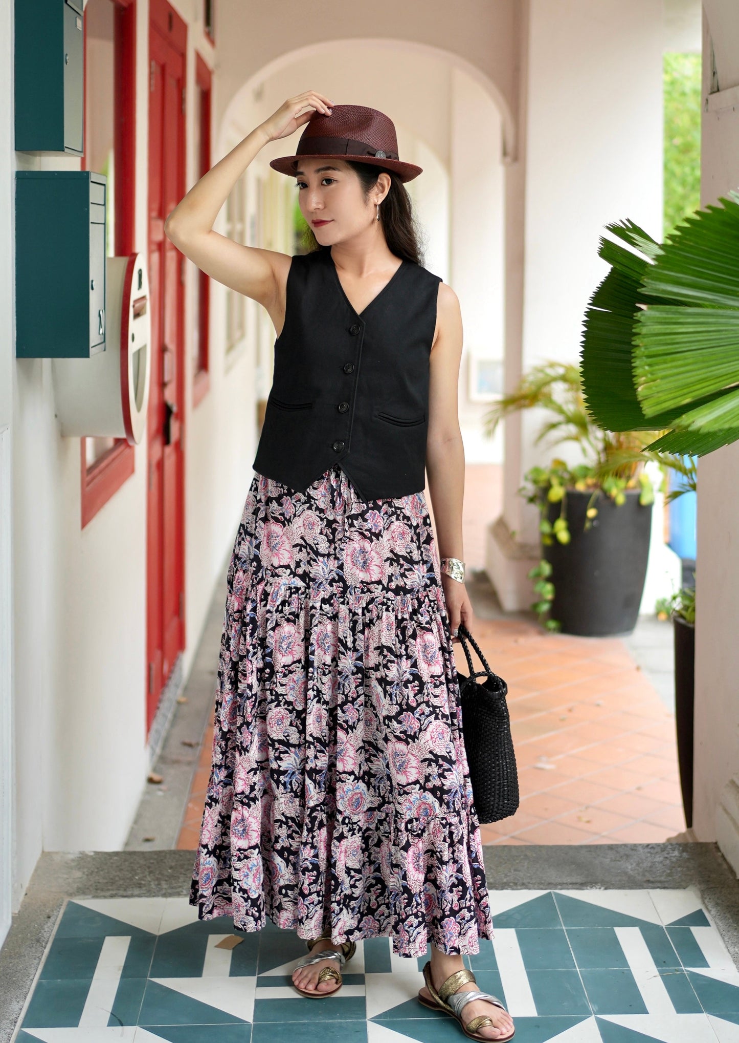 Ines Handblock Skirt - Black Pink Floral