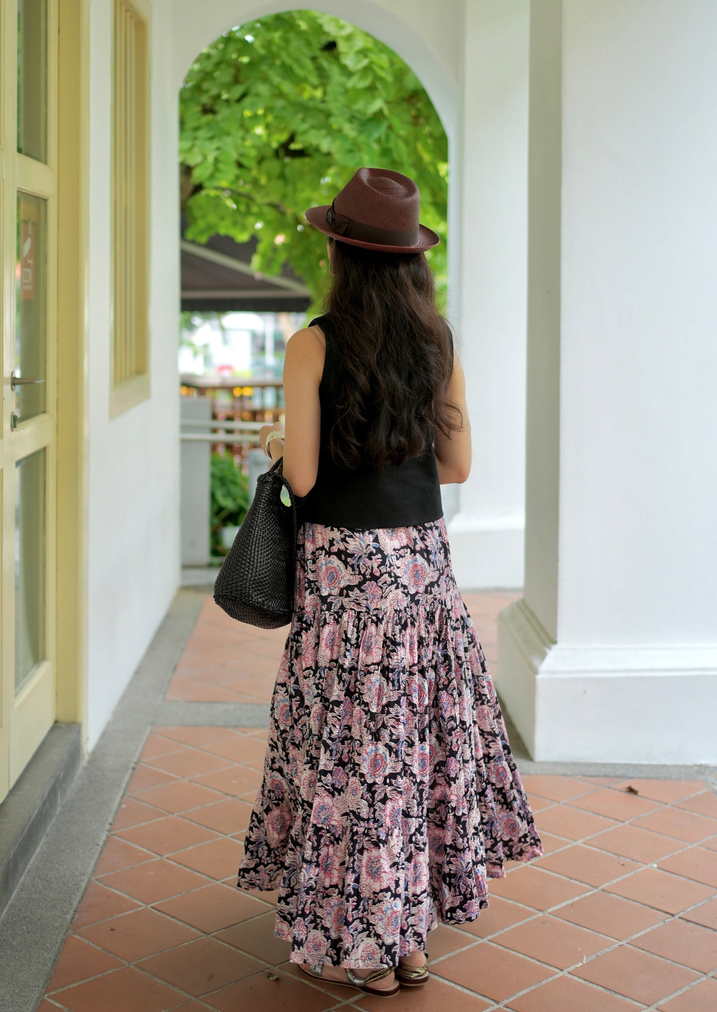 Ines Handblock Skirt - Black Pink Floral