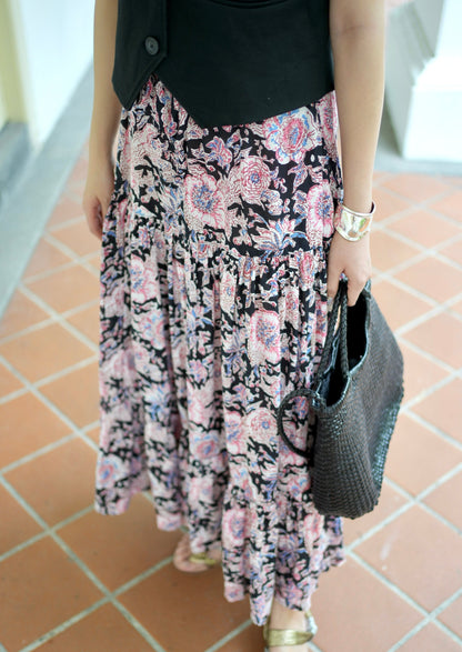 Ines Handblock Skirt - Black Pink Floral