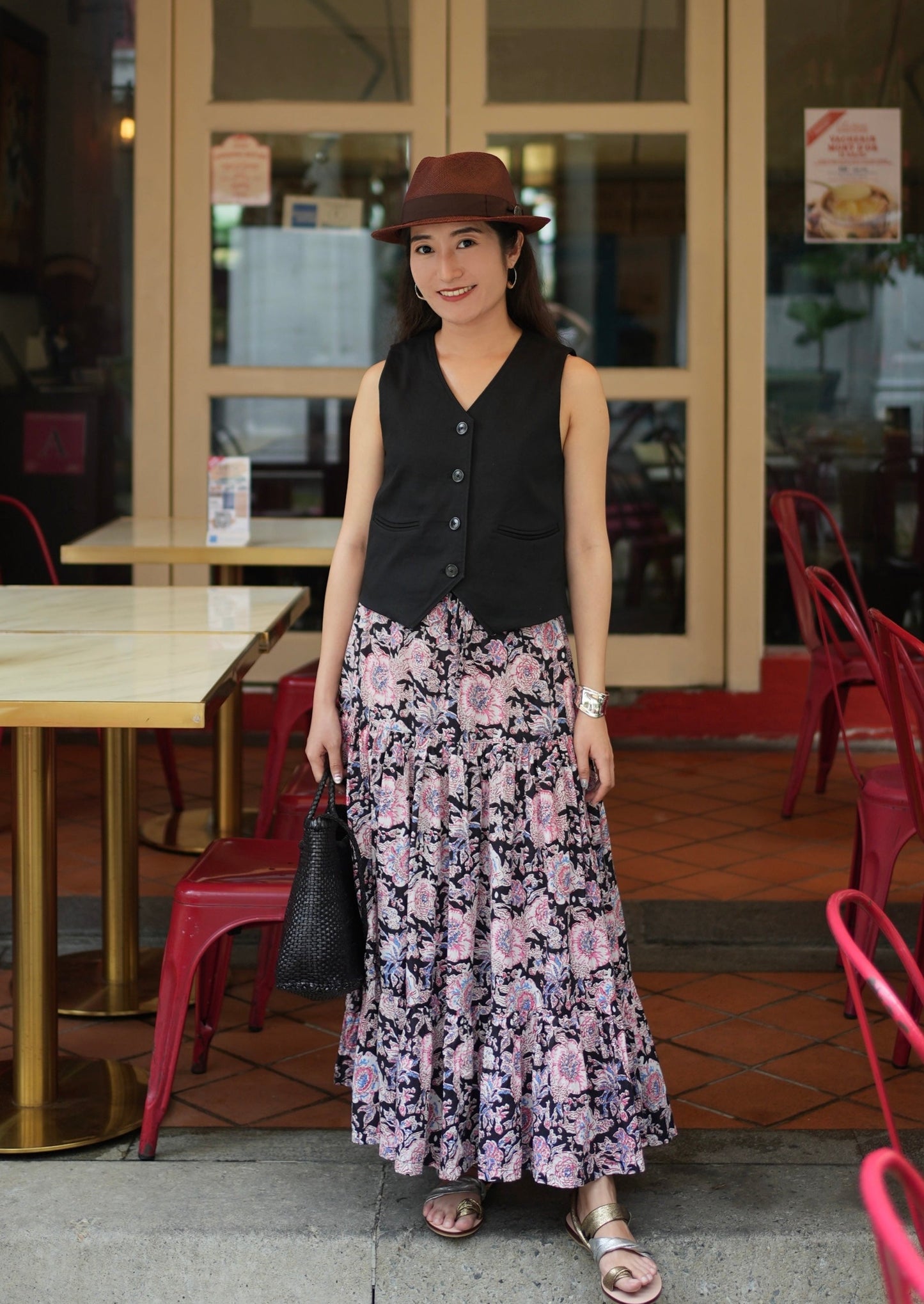 Ines Handblock Skirt - Black Pink Floral