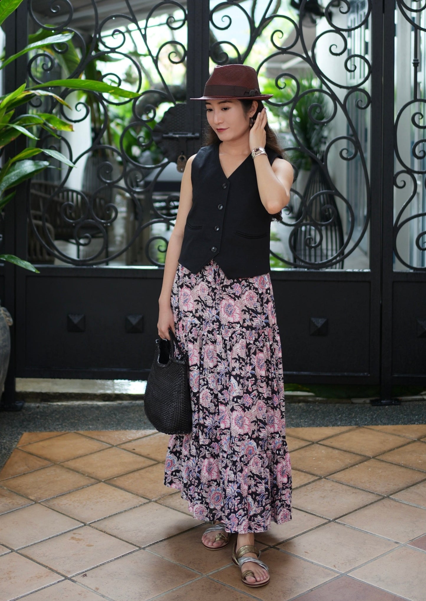 Ines Handblock Skirt - Black Pink Floral