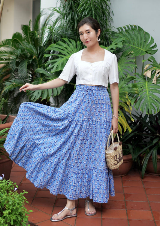 Ines Handblock Skirt - Blue Floral