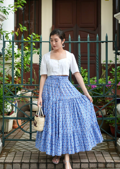 Ines Handblock Skirt - Blue Floral