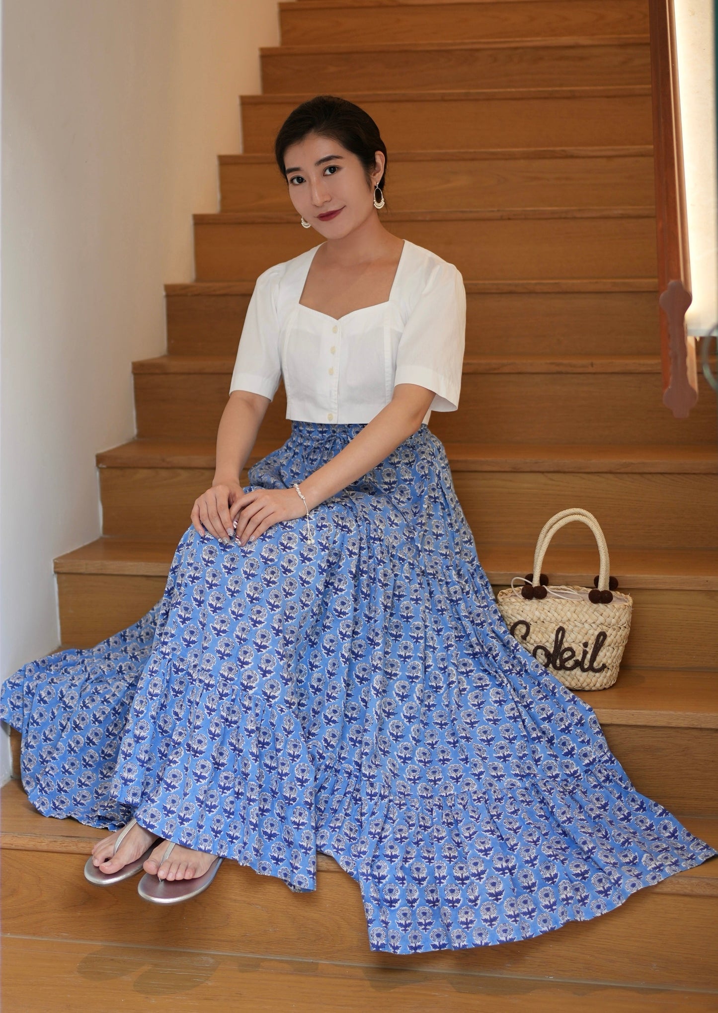 Ines Handblock Skirt - Blue Floral