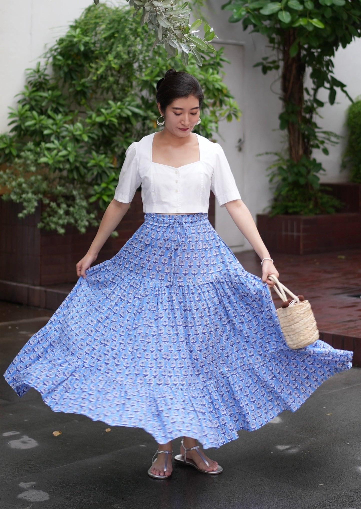 Ines Handblock Skirt - Blue Floral