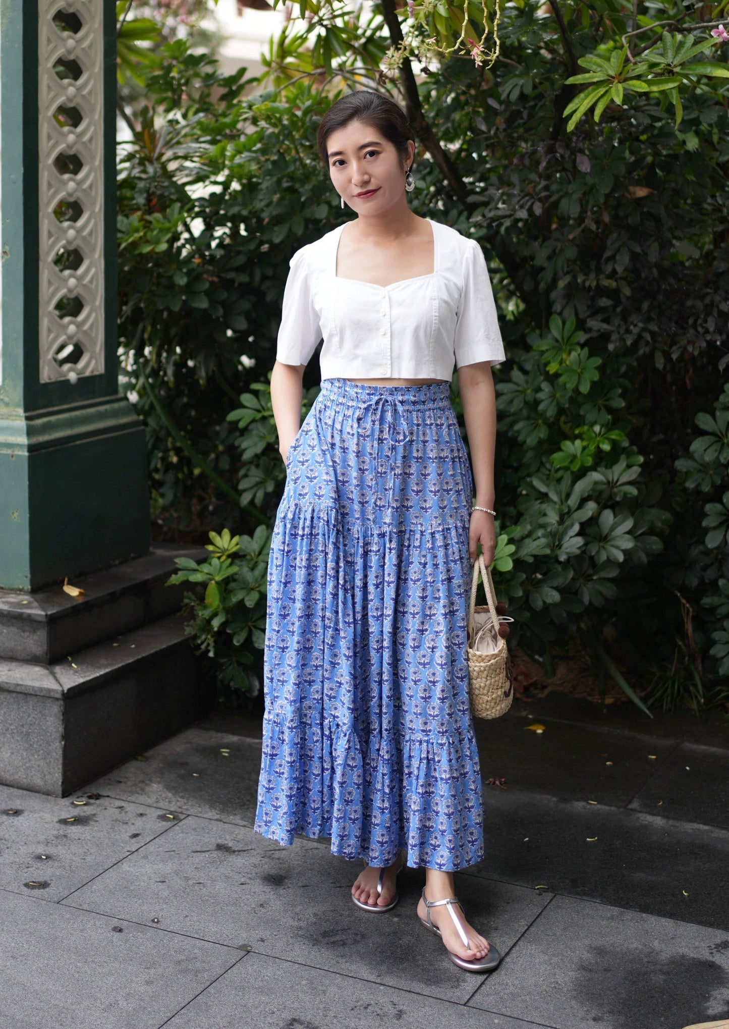 Ines Handblock Skirt - Blue Floral