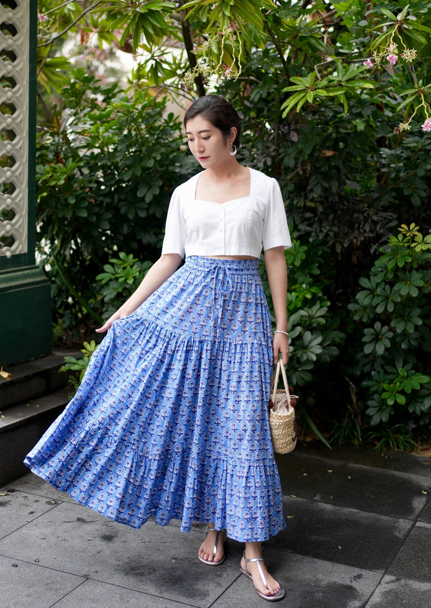 Ines Handblock Skirt - Blue Floral